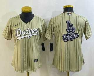 Women%27s Los Angeles Dodgers Big Logo Number Cream Pinstripe Stitched MLB Cool Base Nike Jerseys